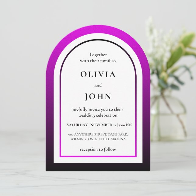 Magenta black gradient wedding invitation (Standing Front)