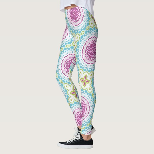 Magenta Blue and Green Mandala Pattern Leggings (Left)