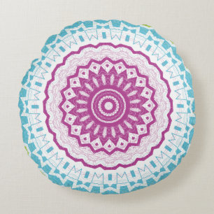 Magenta Blue and Green Mandala Pattern Round Cushion