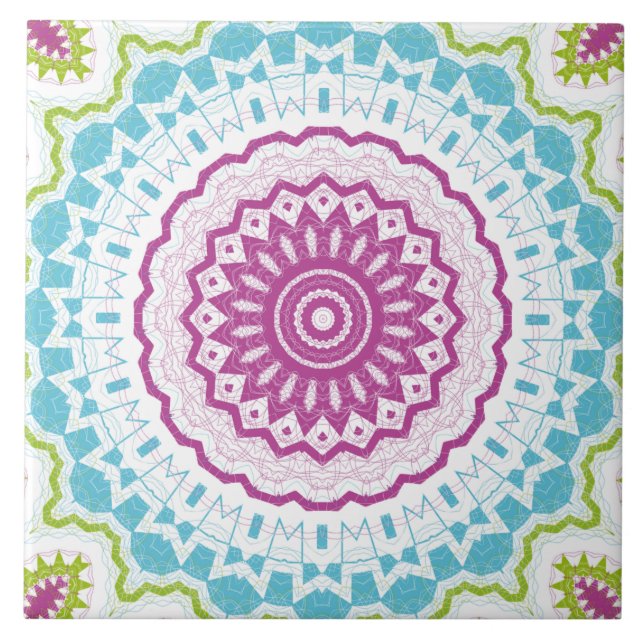Magenta Blue and Green Mandala Pattern Tile (Front)