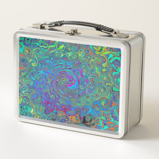 Magenta, Blue and Sea Foam Green Retro Swirl Metal Lunch Box (Front)