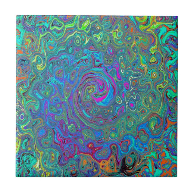 Magenta, Blue and Sea Foam Green Retro Swirl Tile (Front)