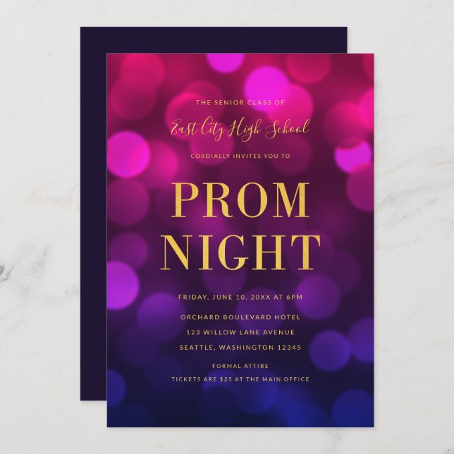 Magenta Blue Bokeh Lights Gold High School Prom Invitation (Front/Back)