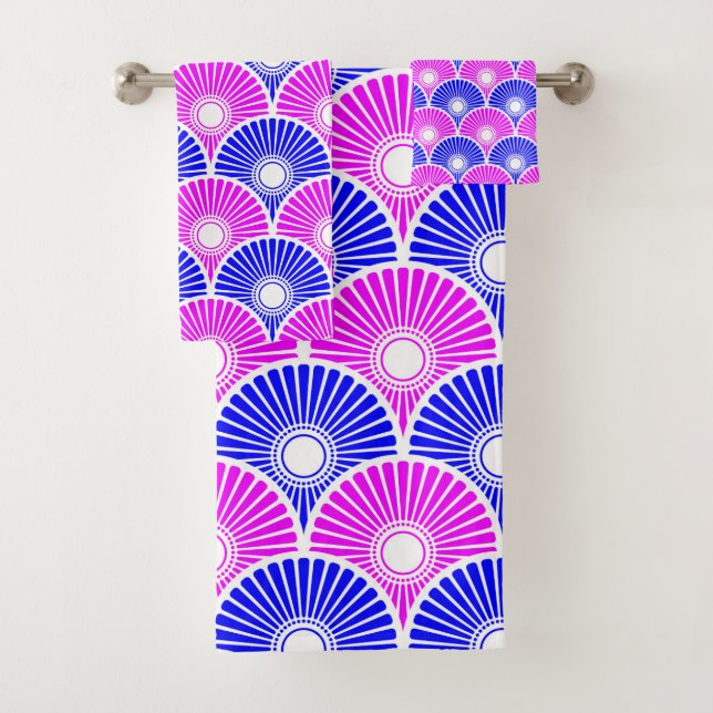 Magenta Blue Chinese Semi Circle Wave Pattern Bath Towel Set (Insitu)