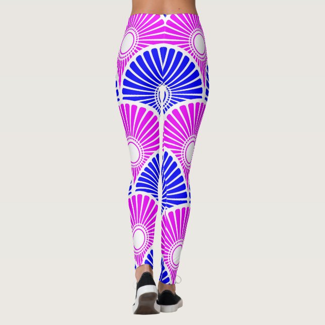 Magenta Blue Chinese Semi Circle Wave Pattern  Leggings (Back)