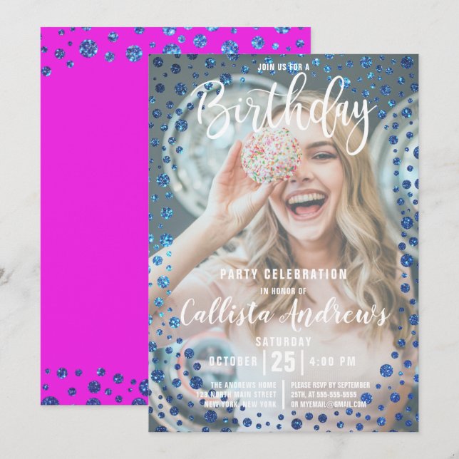 Magenta Blue Glitter Confetti Photo Birthday Invitation (Front/Back)