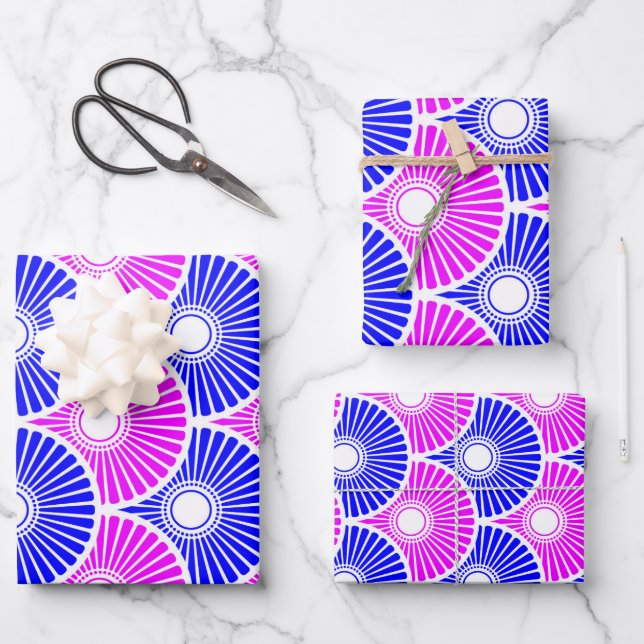 Magenta Blue Semi Circle Wave Pattern Wrapping Paper Sheet (Front)