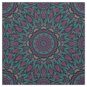Magenta Blue Teal Gothic Stained Glass Mandala Fabric