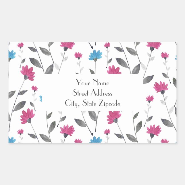 Magenta Blue Watercolor Daisy Pattern Labels (Front)