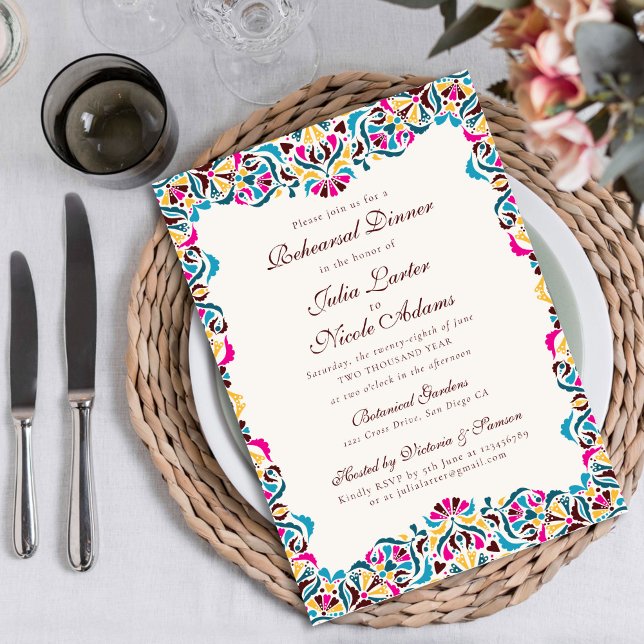 Magenta Blue Whimsical Floral Rehearsal Dinner  Invitation (Creator Uploaded)