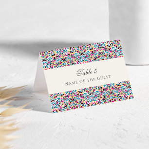 Magenta Blue Whimsical Floral Wedding Place Card