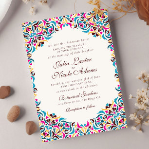 Magenta Blue Yellow Whimsical Floral Wedding Invitation