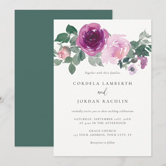 Magenta Blush Floral Arrangement Ivory Wedding Invitation (Front/Back)