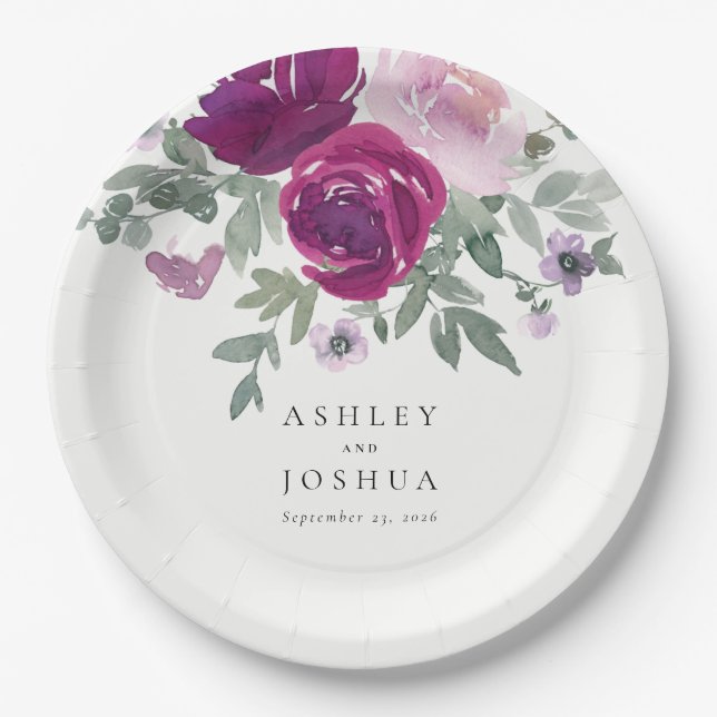 Magenta Blush Floral Bouquet Ivory Wedding Paper Plate (Front)