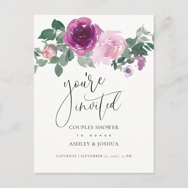 Magenta Blush Floral Ivory Couples Wedding Shower Invitation Postcard (Front)