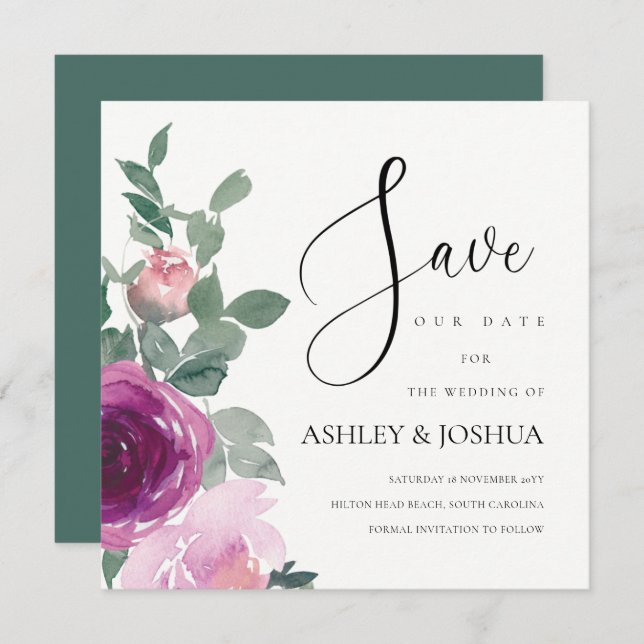 Magenta Blush Pink Floral Ivory Save The Date Invitation (Front/Back)