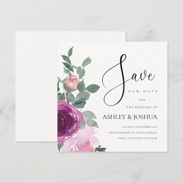 Magenta Blush Pink Floral Over Ivory Save The Date Invitation (Front/Back)