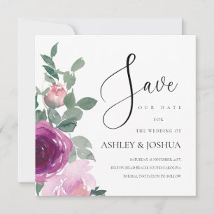 Magenta Blush Pink Floral Over White Save The Date Invitation