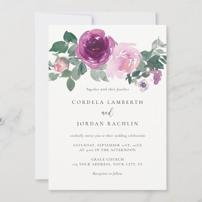 Magenta Blush Pink Floral Spray Ivory Wedding Invitation (Front)