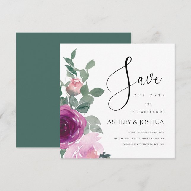 Magenta Blush Pink Floral White Save The Date Invitation (Front/Back)