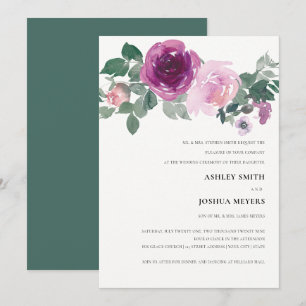 Magenta Blush Watercolor Floral Ivory Wedding Invitation