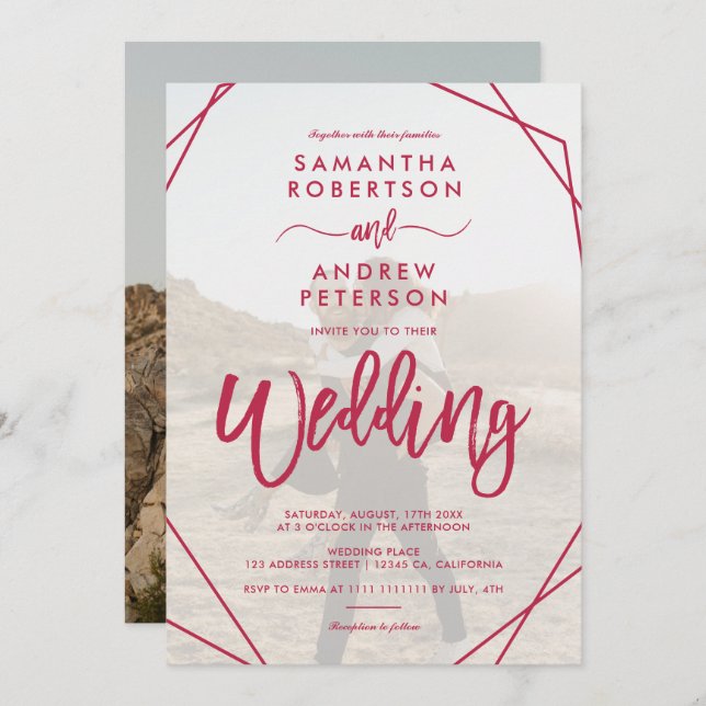 Magenta boho frame simple photo script wedding invitation (Front/Back)