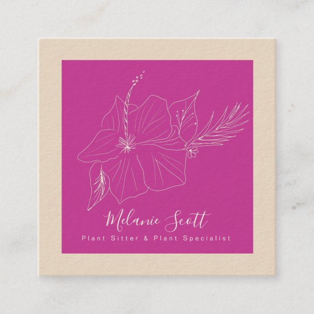 Magenta Botanical Hisbiscus Tropical Plant Garden Square Business Card (Front)