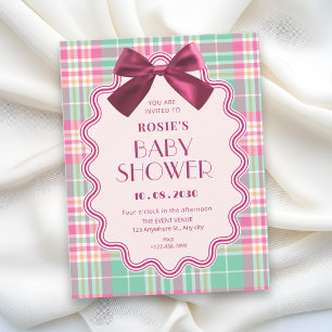 Magenta bow and a pink plaid baby shower invitation