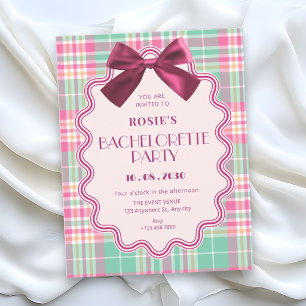 Magenta bow and a pink plaid bachelorette party invitation