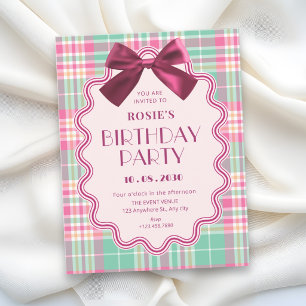 Magenta bow and a pink plaid birthday invitation