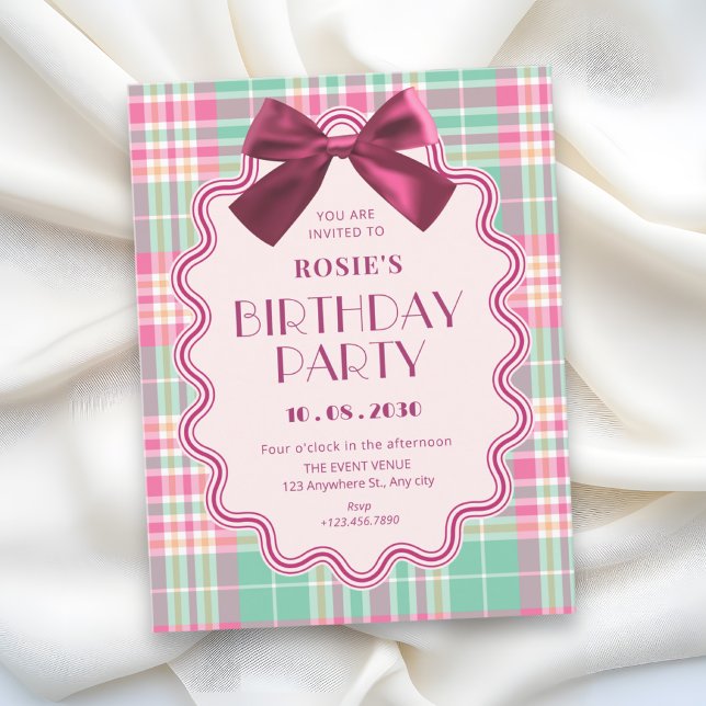 Magenta bow and a pink plaid birthday invitation (Creator Uploaded)