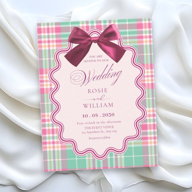 Magenta bow and a pink plaid wedding  invitation (Creator Uploaded)