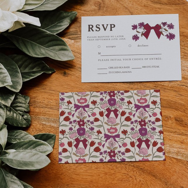 Magenta Bow Floral Wedding RSVP Meal Choice  (Creator Uploaded)