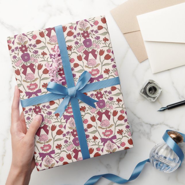 Magenta Bows and Blossoms Pattern Wrapping Paper (Gifting)