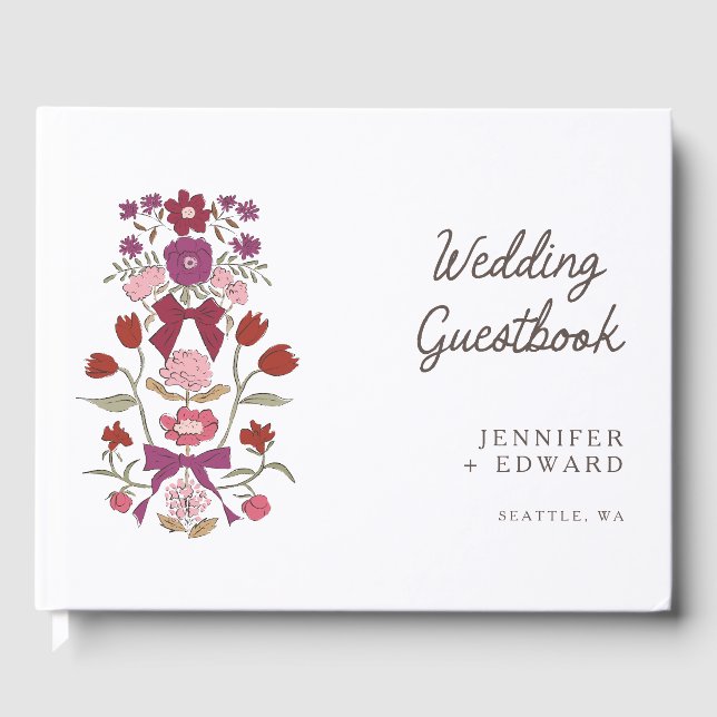 Magenta Bows & Blossoms Floral Wedding Guest Book (Front)