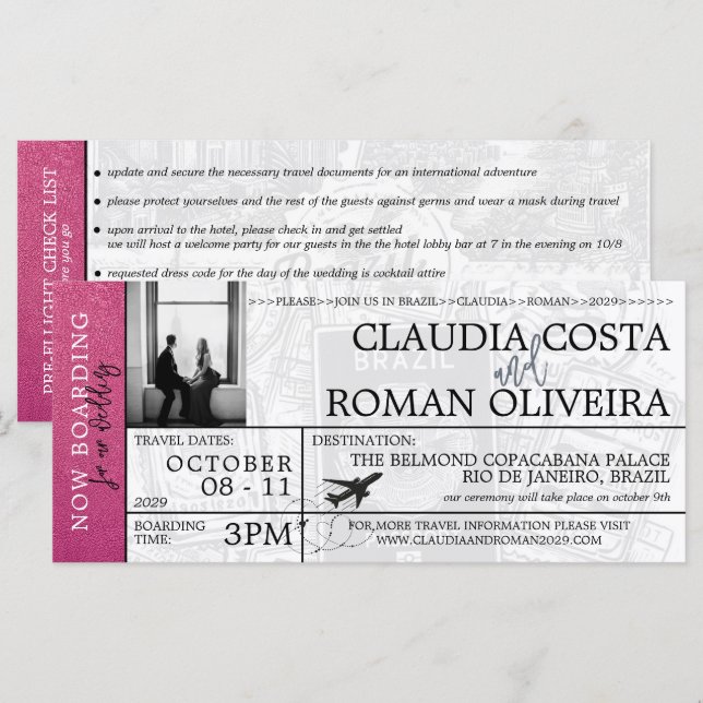 Magenta Brazil Wedding Boarding Pass Invitation (Front/Back)