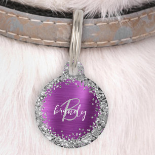 Magenta Brushed Metal Silver Glitter Monogram  Pet Tag