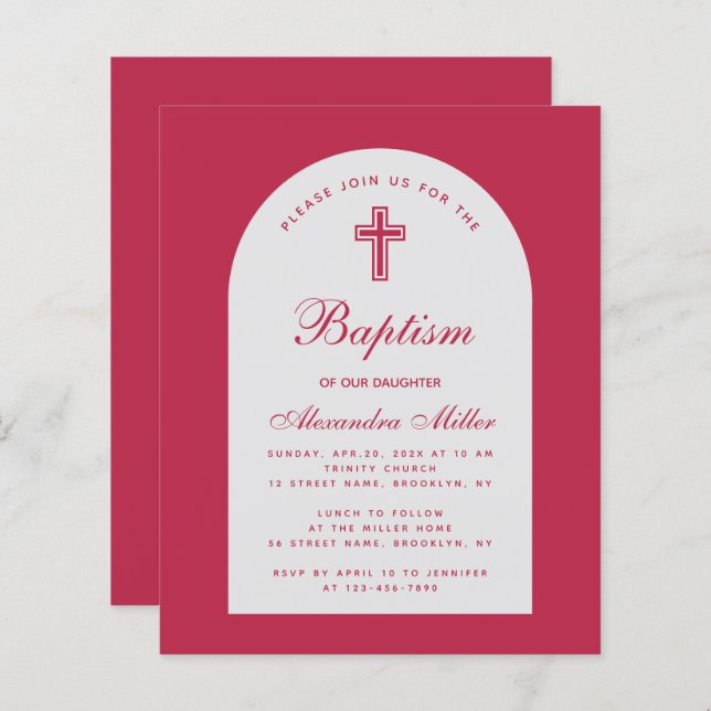 Magenta Budget Girl Baptism Red Arch Invitation (Front/Back)