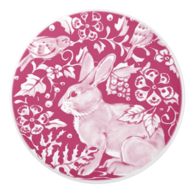 Magenta Bunny Rabbit Bird Woodland Animal Nature Ceramic Knob (Front)