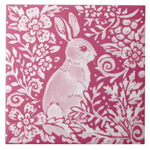 Magenta Bunny Rabbit Woodland Animal Nature Floral Tile