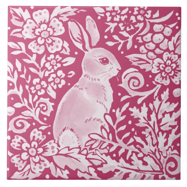 Magenta Bunny Rabbit Woodland Animal Nature Floral Tile (Front)