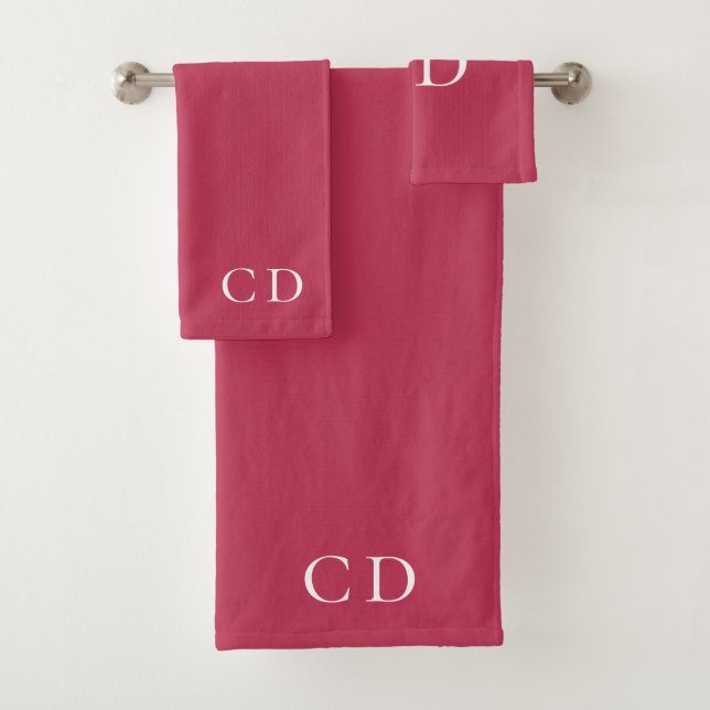 Magenta burgundy monogram initials minimalist bath towel set (Insitu)