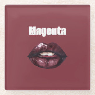 Magenta Burgundy Red Lips Glass Coaster