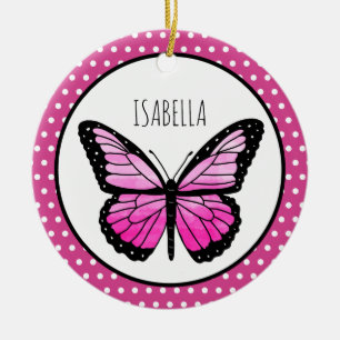 Magenta Butterfly Polka Dot Personalised Ceramic Tree Decoration