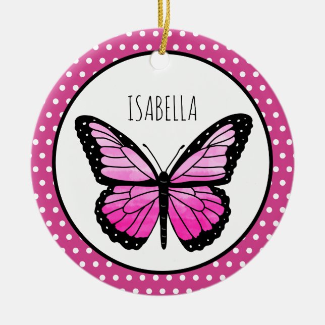 Magenta Butterfly Polka Dot Personalised  Ceramic Tree Decoration (Front)