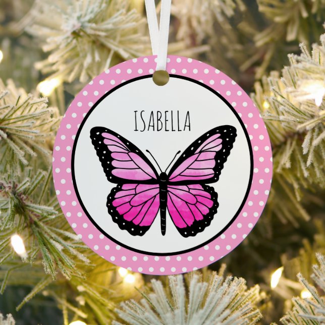 Magenta Butterfly Polka Dot Personalised  Metal Tree Decoration (Insitu)