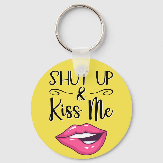 Magenta cartoon lips Shut up and kiss me yellow Key Ring (Front)