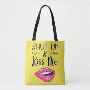 Magenta cartoon lips Shut up and kiss me yellow Tote Bag