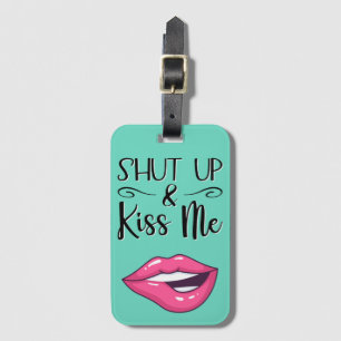 Magenta cartoon lips Shut up & kiss me light blue Luggage Tag