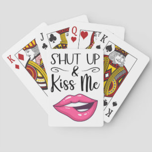 Magenta cartoon lips Shut up & kiss me white Playing Cards